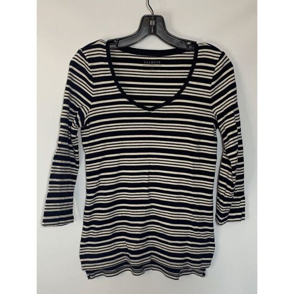 Talbots Stretch Weekend Tee V Neck Navy Cream Stripe Size Small - Picture 1 of 6